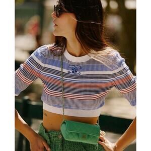 Chanel 21C Blue White Orange Striped CC Logo Top Short Sleeve Pullover Shirt 38